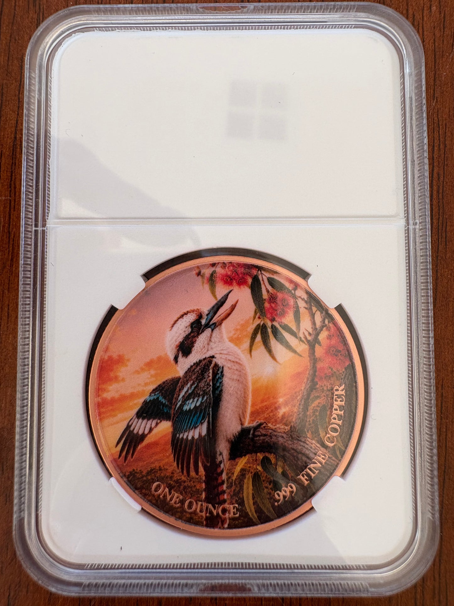 1oz .999 Fine Copper Kookaburra Coloured Round – Animal Collector Series – Slabbed