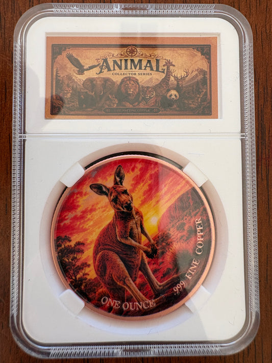 1oz .999 Fine Copper Kangaroo Coloured Round – Animal Collector Series – Slabbed