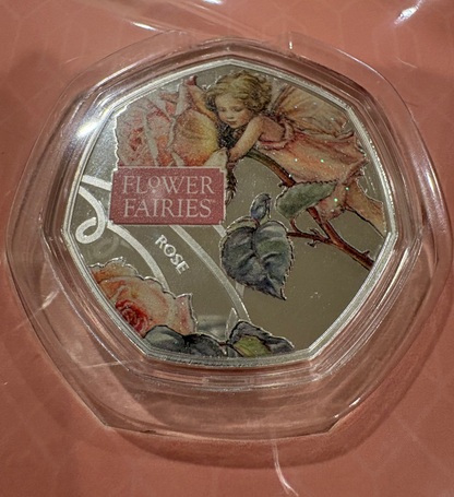 2021 Flower Fairies – Rose Fairy 50 Cent Silver-Plated Coloured Coin in Holder