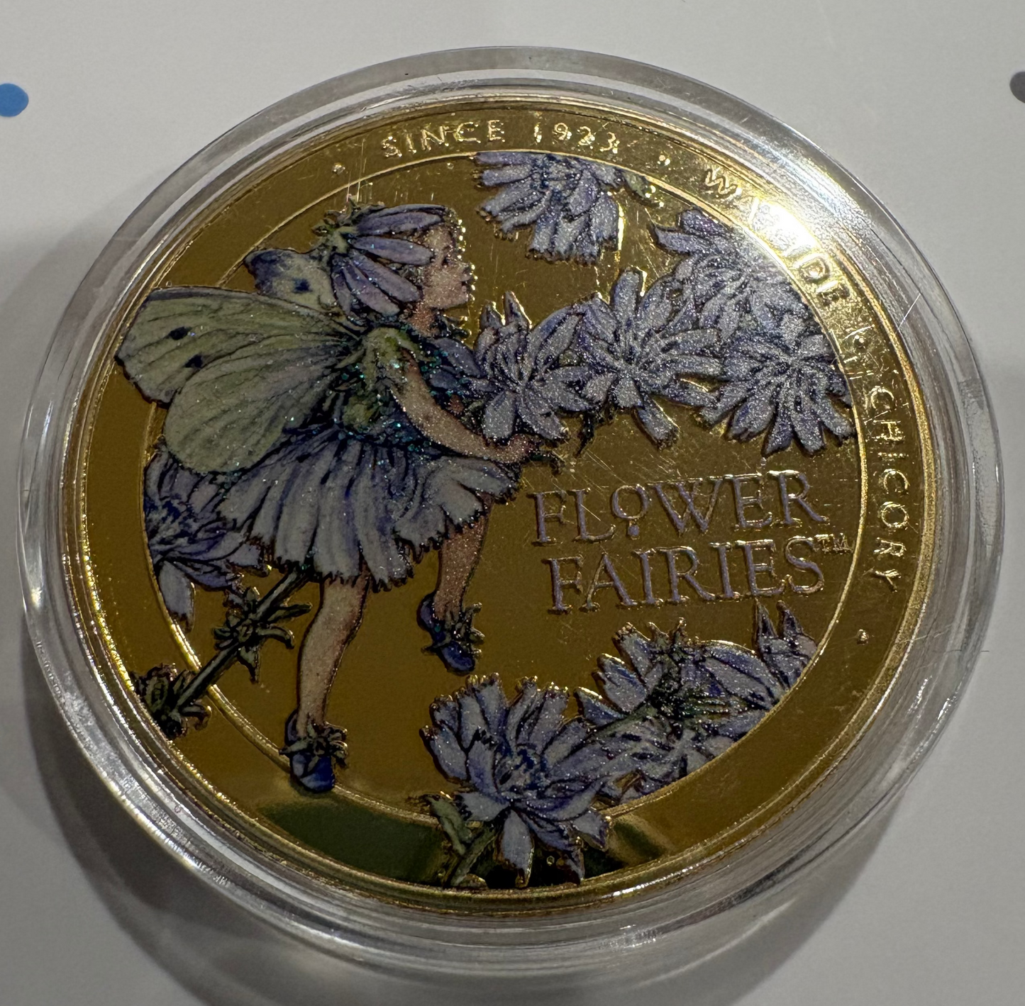 2025 Flower Fairies Chicory Fairy Gold-Plated Coloured Coin in Capsule
