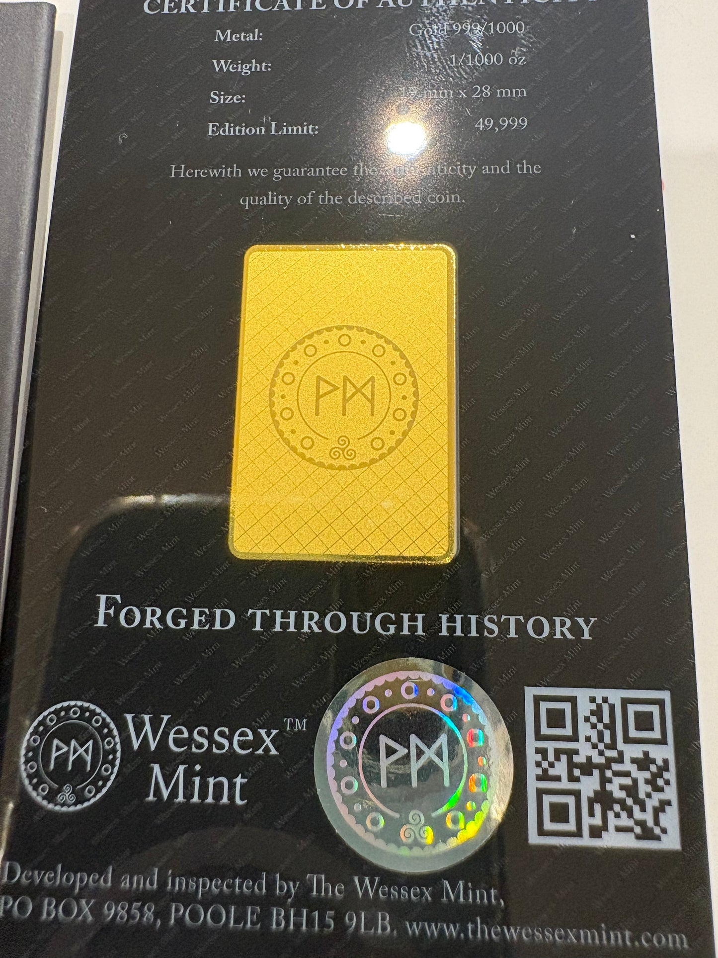 Wessex Mint Liberty 1/1000oz .999 Fine Gold Bar
