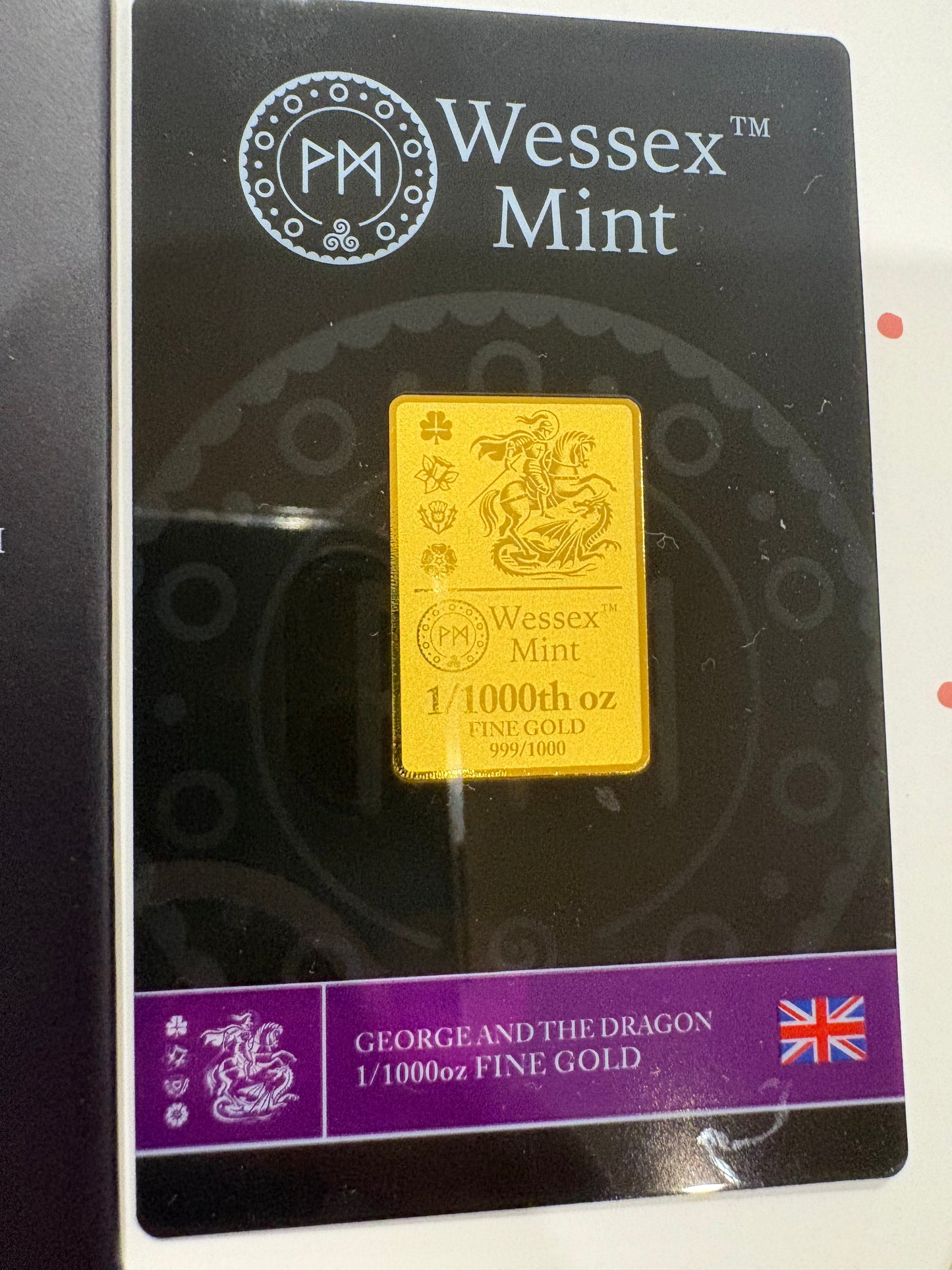 Wessex Mint George and the Dragon 1/1000oz .999 Fine Gold Bar