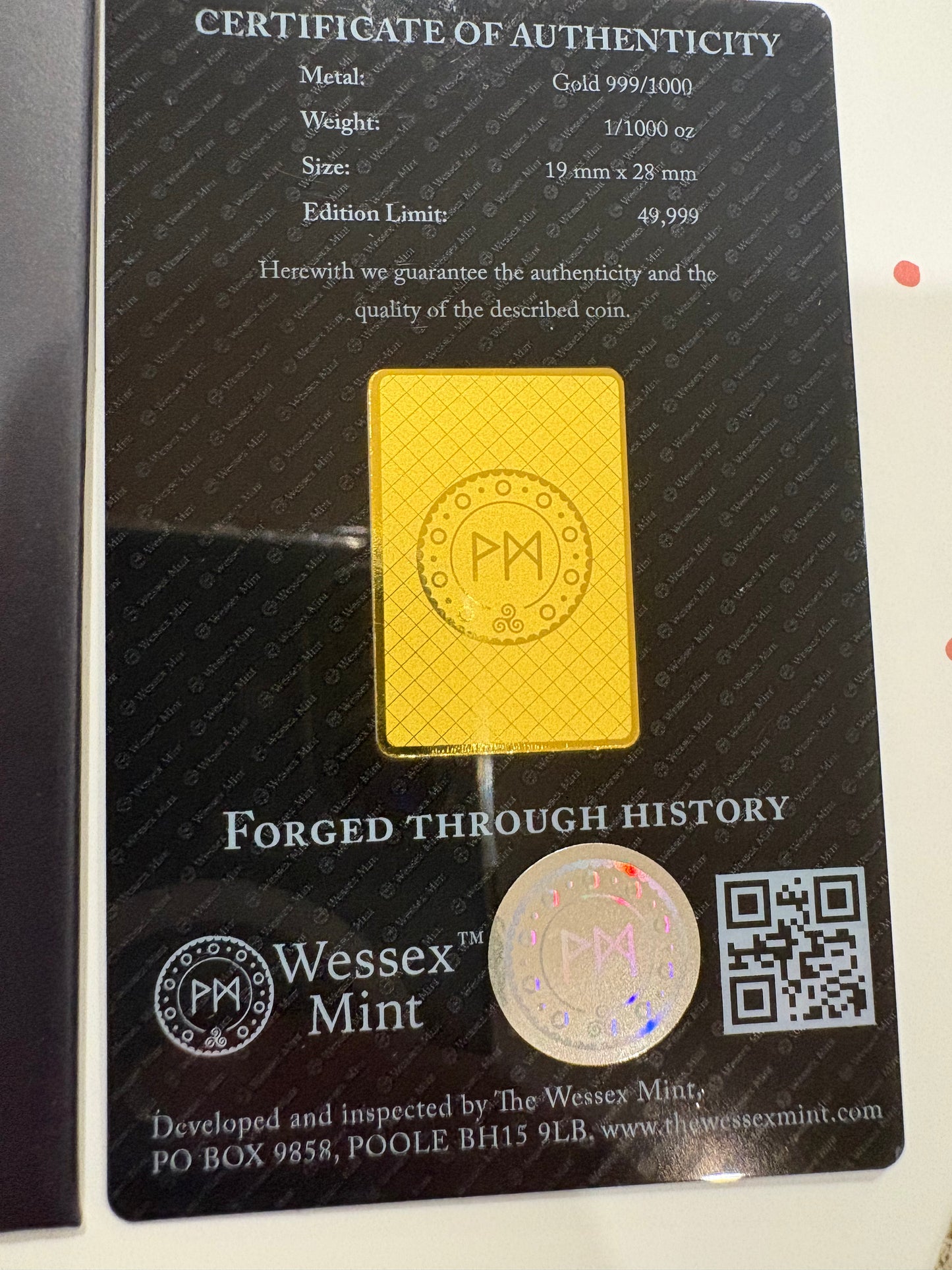 Wessex Mint George and the Dragon 1/1000oz .999 Fine Gold Bar
