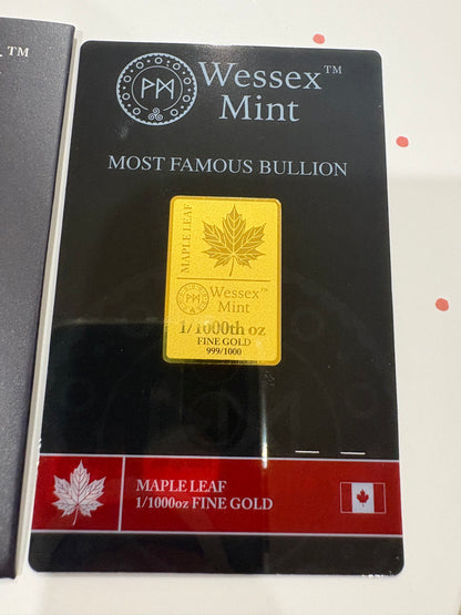 Wessex Mint Maple Leaf 1/1000oz .999 Fine Gold Bar
