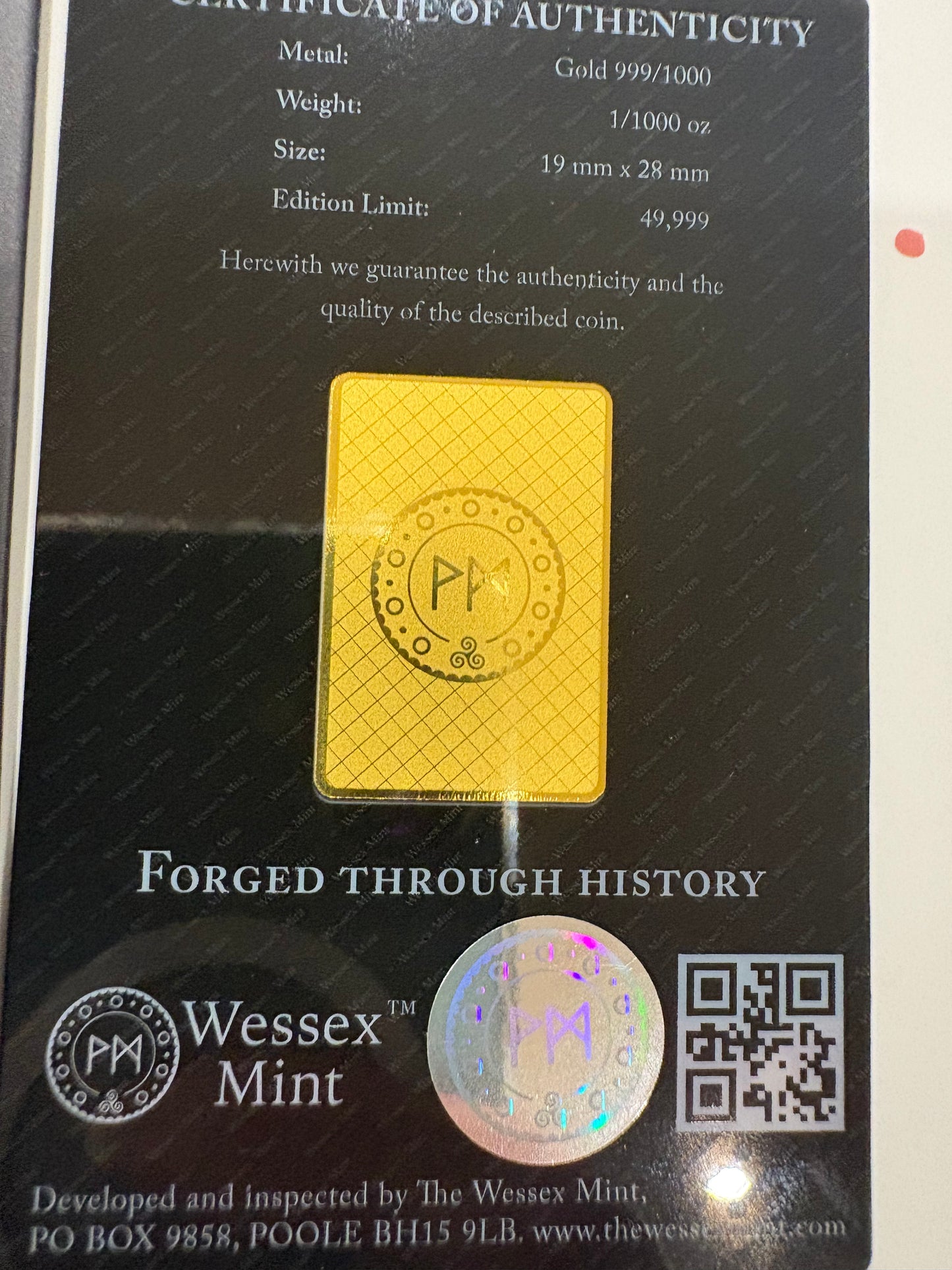 Wessex Mint Maple Leaf 1/1000oz .999 Fine Gold Bar