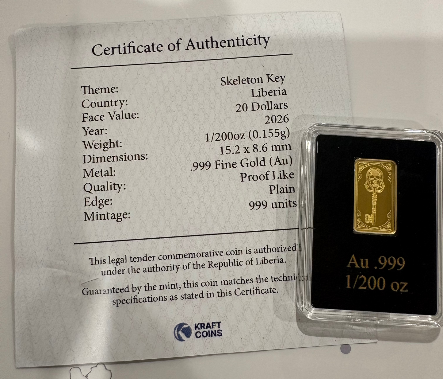 2026 Liberia $20 Skeleton Key 1/200oz .999 Fine Gold Coin Bar