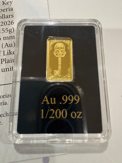 2026 Liberia $20 Skeleton Key 1/200oz .999 Fine Gold Coin Bar