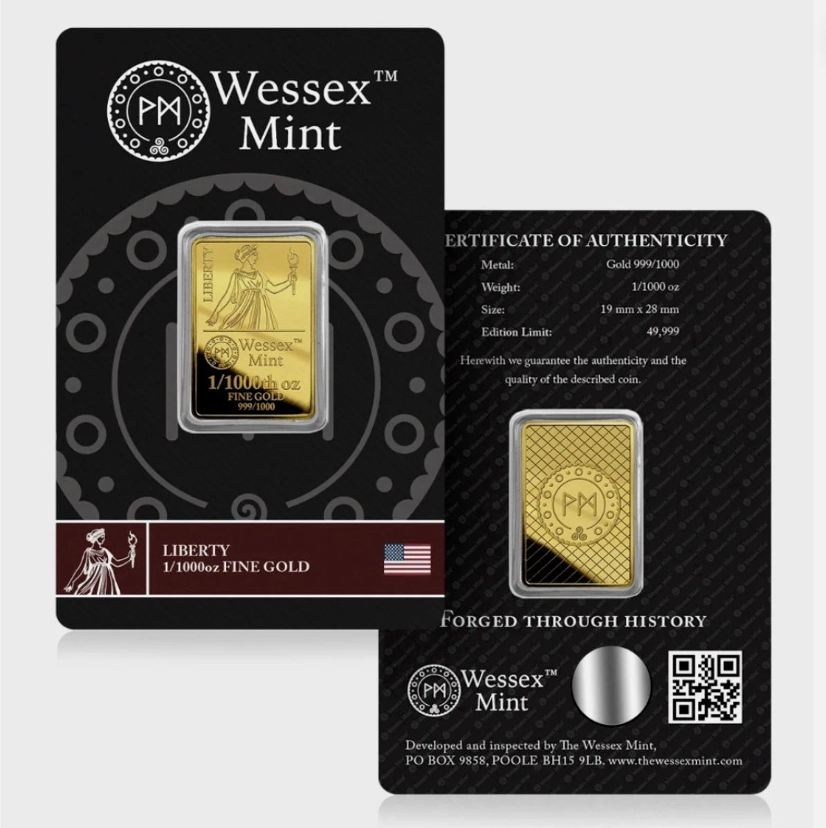 Wessex Mint Liberty 1/1000oz .999 Fine Gold Bar