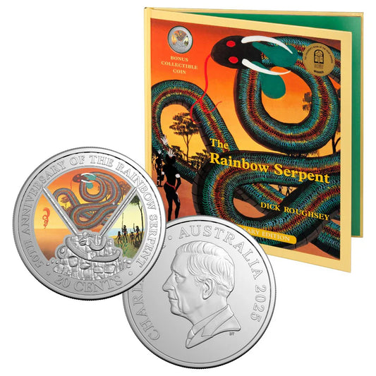 2025 The Rainbow Serpent 50th Anniversary 20 Cent Coloured coin in Special Edition Book
