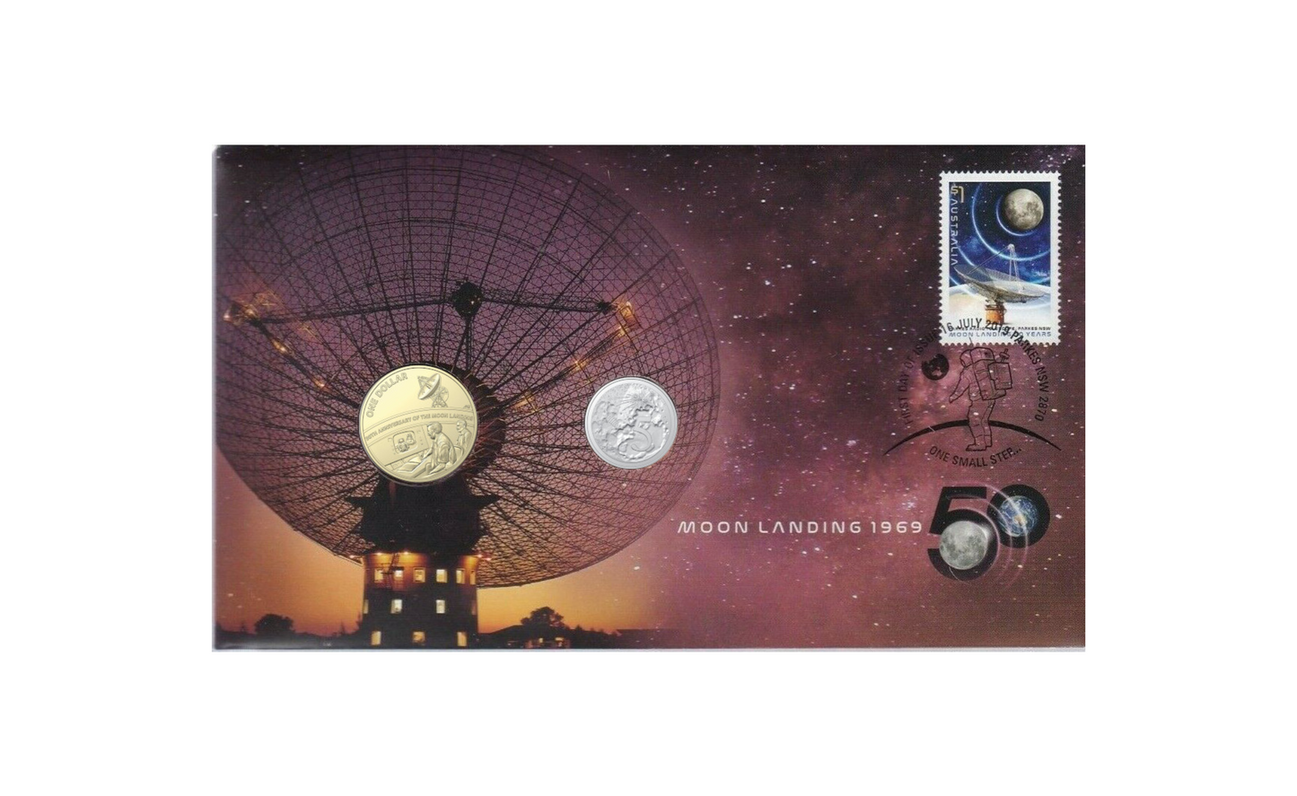 2019 $1 & 5 cent Moon Landing 50th Anniversary Two Coin Stamp and Coins Cover PNC