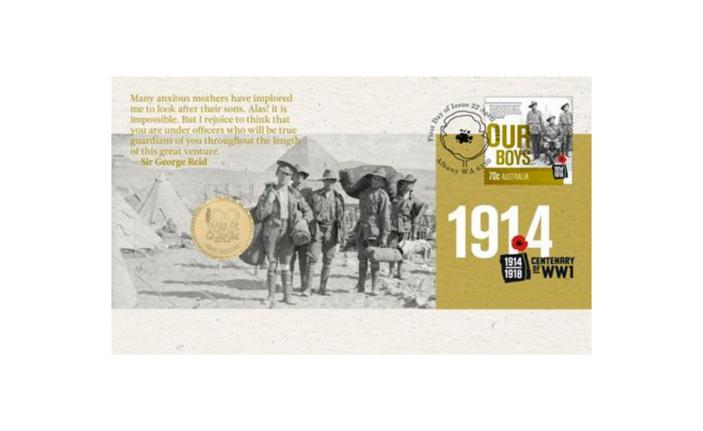 2014 $1 ANZAC Centenary of WWI - Our Boys Stamp and Coin Cover PNC