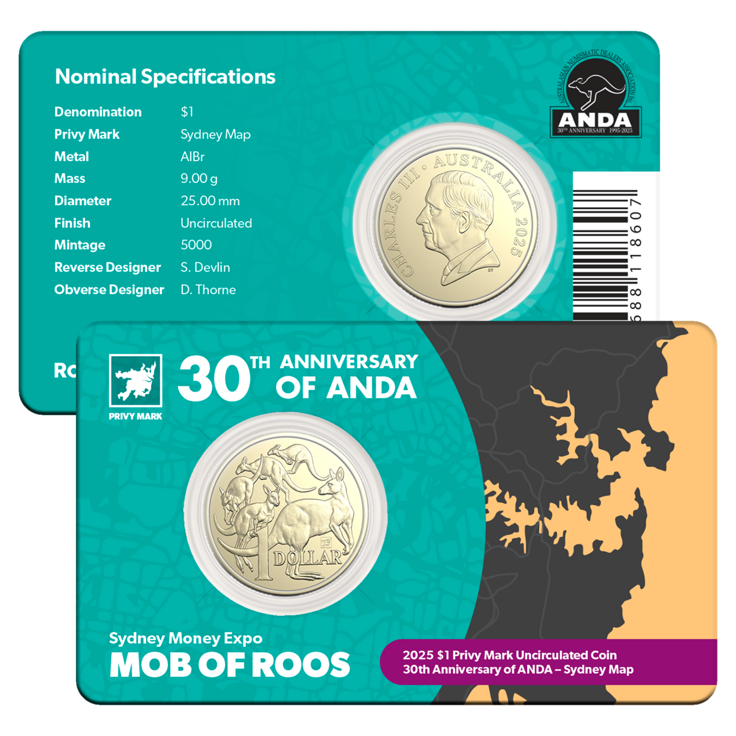 2025 $1 Sydney ANDA 30th Anniversary Map of Sydney Privymark Uncirculated Coin
