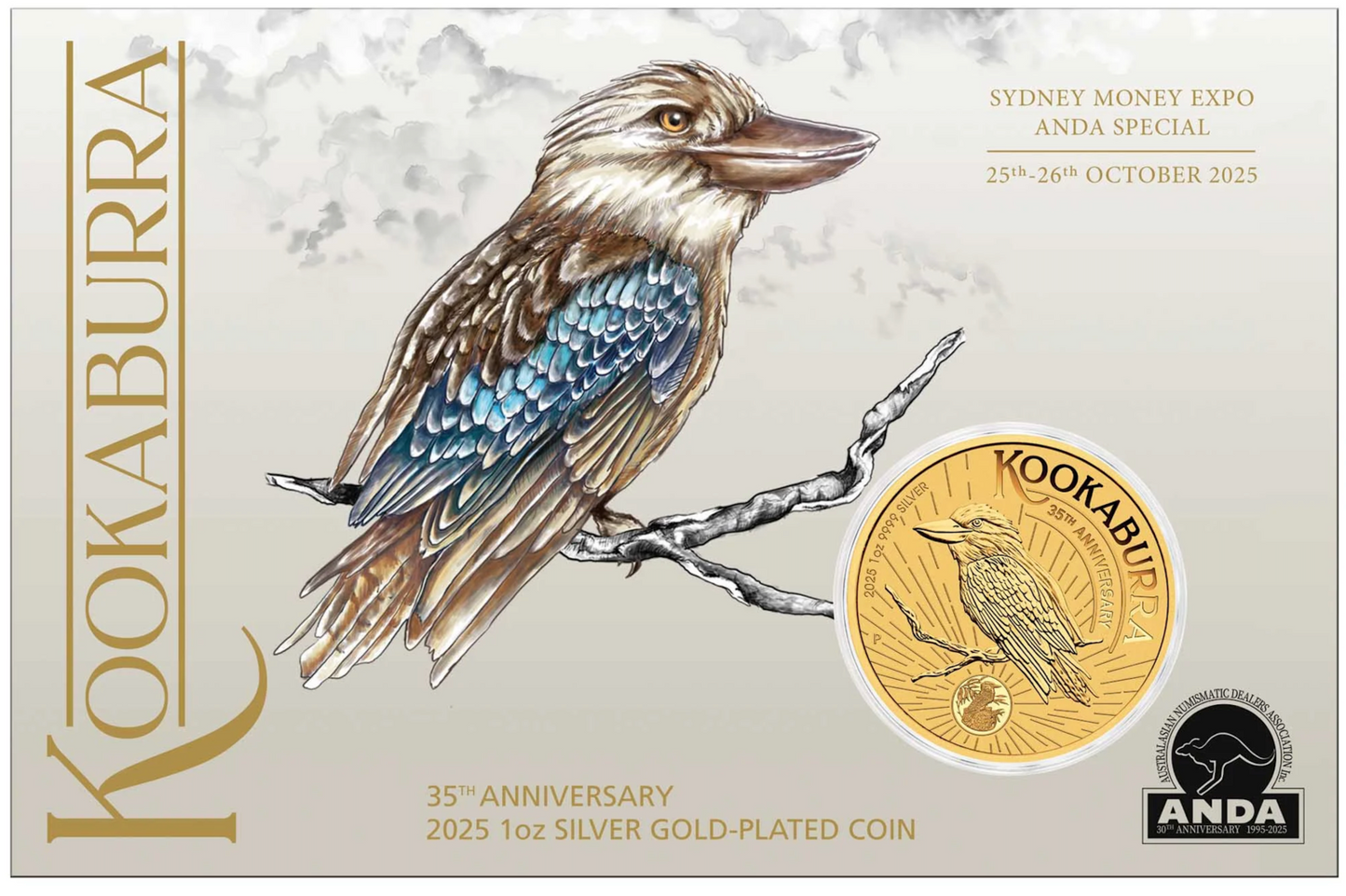2025 $1 35th Anniversary of the Australian Kookaburra 1oz Silver Gold Plated Coin in Card Sydney Money Expo ANDA Special (Perth Mint)