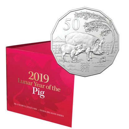 2019 Royal Australian Mint Fifty Cents 50c Lunar New Year of the Pig Tetra-Decagonal Lunar Series Coin