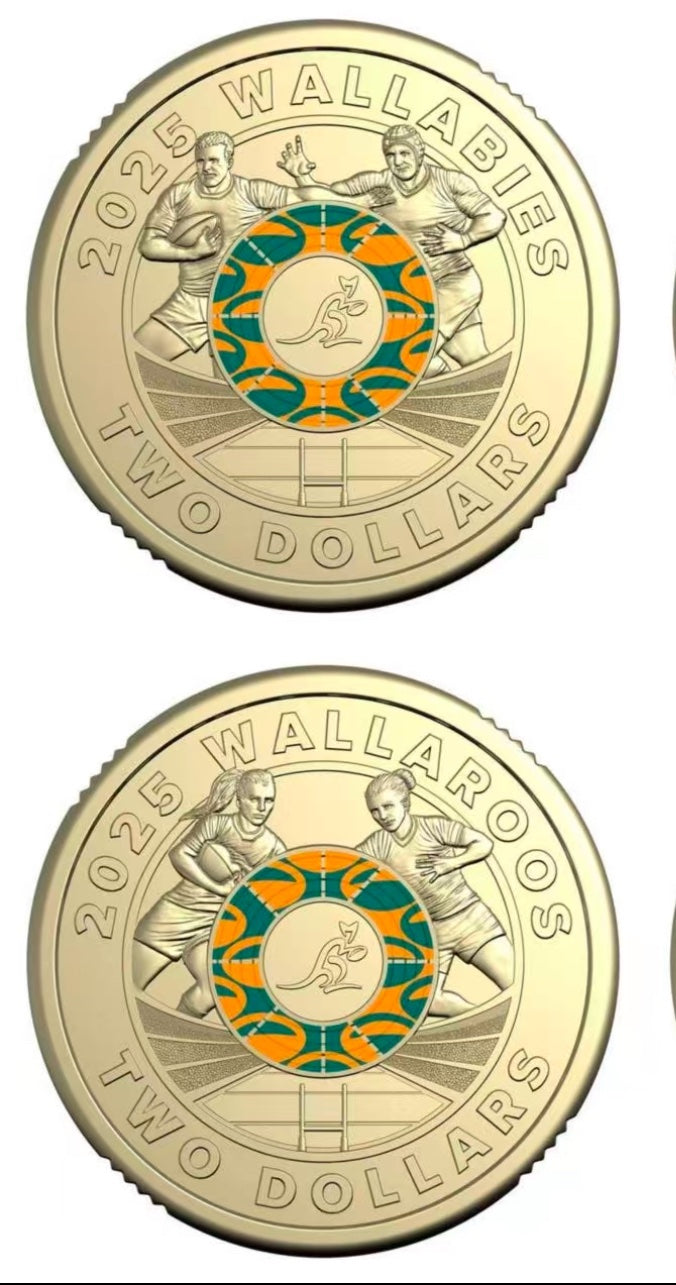 2025 $2 Rugby Australia Coloured Two Coin Set – Wallabies and Wallaroos | RAM