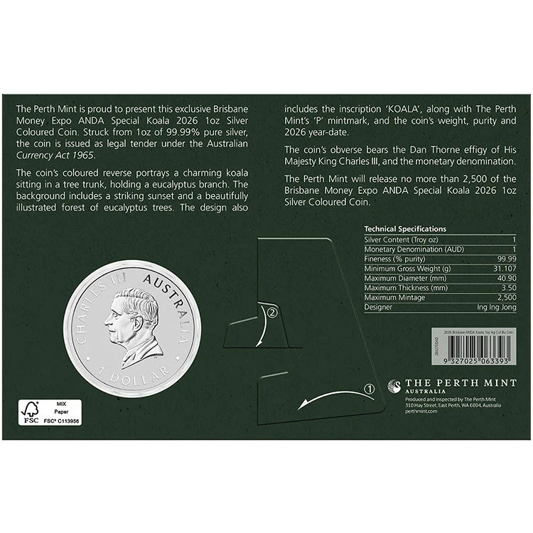 2026 $1 Brisbane Money Expo Koala Coloured SIGNED 1oz Silver Coin