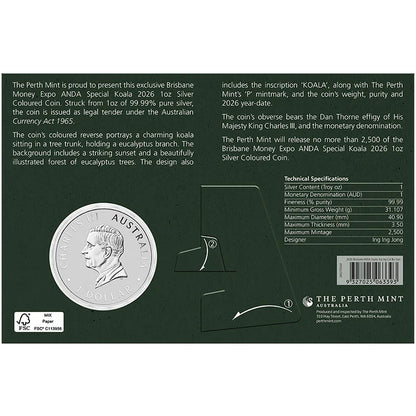 2026 $1 Brisbane Money Expo Koala Coloured SIGNED 1oz Silver Coin