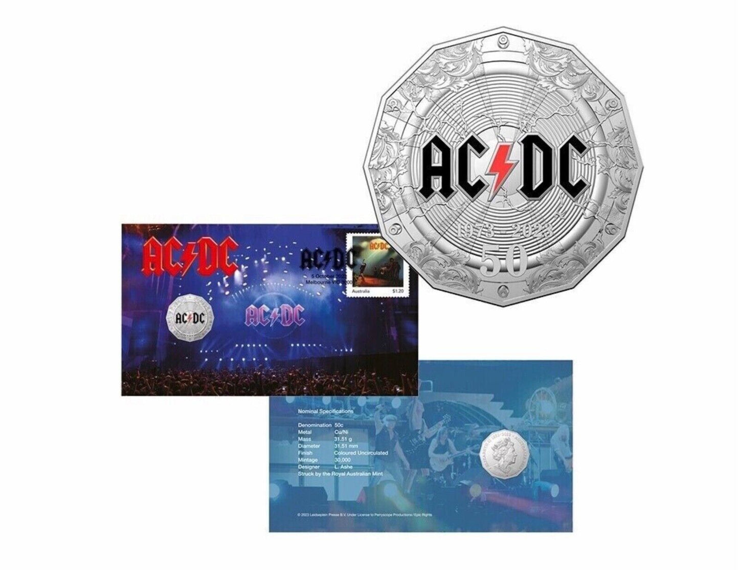 2023 AC/DC 50th Anniversary Australian 50c Coloured Coin PNC