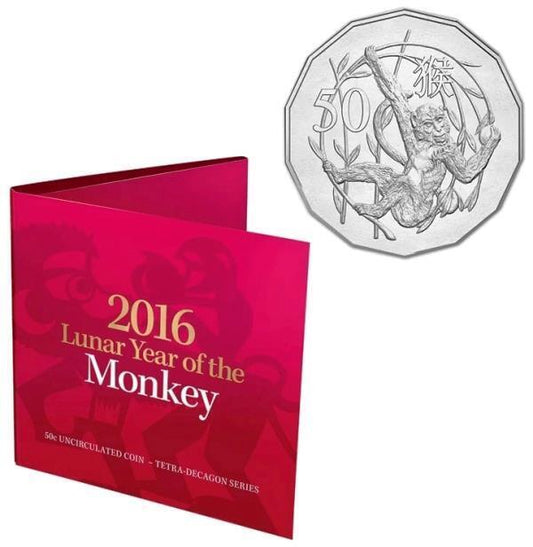2016 Royal Australian Mint Fifty Cents 50c Lunar New Year of the Monkey Tetra-Decagonal Lunar Series Coin