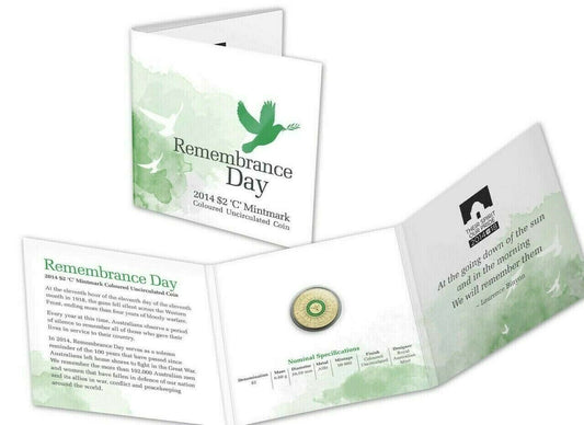 2014 $2 Uncirculated 'C' Mintmark Coloured Coin - Remembrance Day Green Dove in Tri-fold card