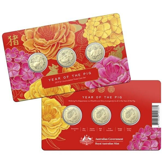 2019 Year of the Pig One Dollar ($1) Uncirculated Australian Decimal Three Coin Set