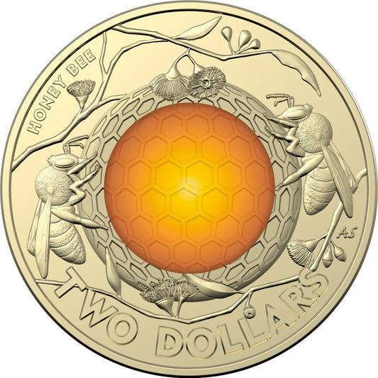 2022 $2 dollar Honey Bee Coloured Coin - Uncirculated