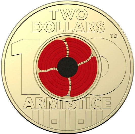 2018 $2 Remembrance Armistice Centenary Red Poppy RAM Coloured Coin - Uncirculated