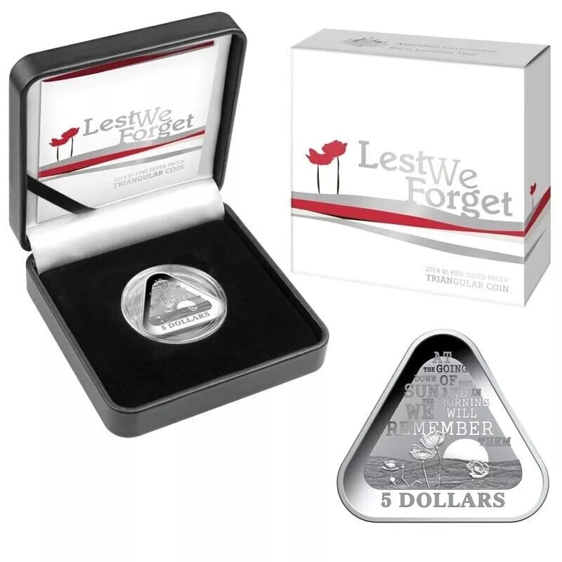 2014 Lest We Forget Triangular Five Dollar Silver Proof Coin