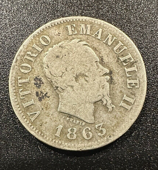 1863 Kingdom D’Italia Vittorio Emanuele II 50 Cent Emblem - 0.835 Silver