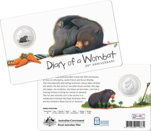 2022 20th Anniversary Diary of a Wombat Coloured 20c coin on card