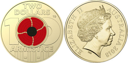 2018 $2 Remembrance Armistice Centenary Red Poppy RAM Coloured Coin - Uncirculated